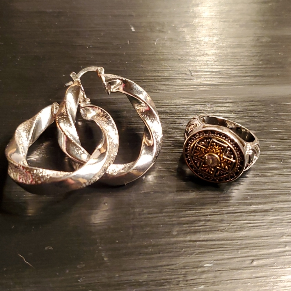Silver earrings and ring
